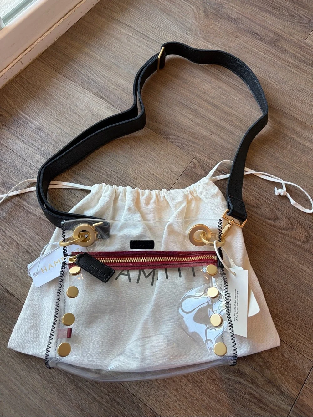 Hammitt Small Tony in Clear Black/Brushed Gold Red Zip